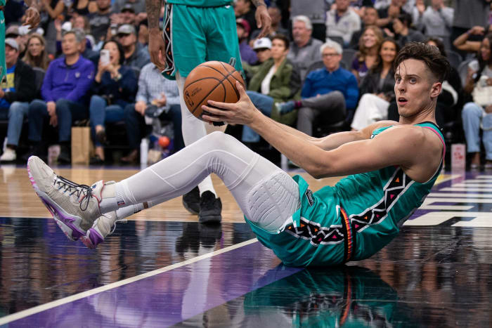 Apr 2, 2023; Sacramento, California, USA; San Antonio Spurs forward Zach Collins (23) looks to the referee for a call during the third quarter at Golden 1 Center.